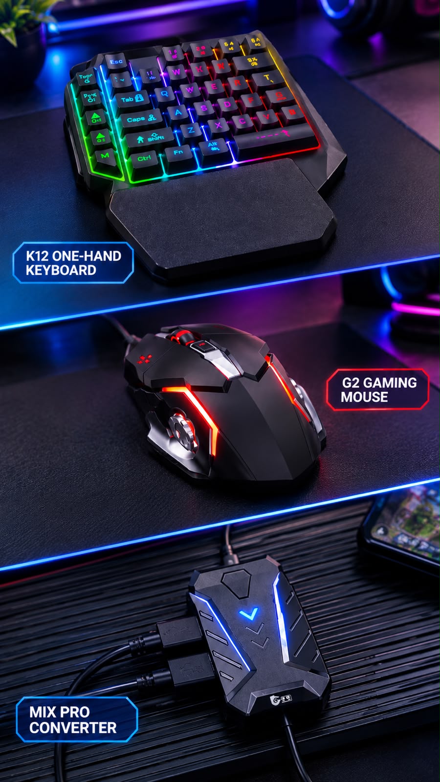 X2 Mobile Phone One Hand Video Game Keyboard Keypad Gaming LED + Color ...